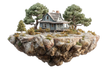 A weathered, light-blue cottage sits atop a rocky island, surrounded by miniature trees and shrubs, giving the scene a surreal, isolated feel