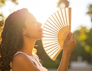 Generated image - A woman fanning herself in the midday sun on a hot day
