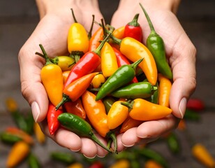 Generated image - Someone holding a mix of coloured chilli peppers in their hands