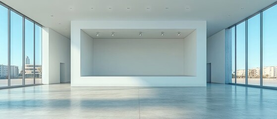 Bright, spacious hall with large windows and a boxlike stage under lights, polished floor