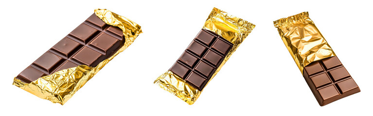 Set of luxury chocolate bars in gold foil with premium branding design isolated on a white or transparent background