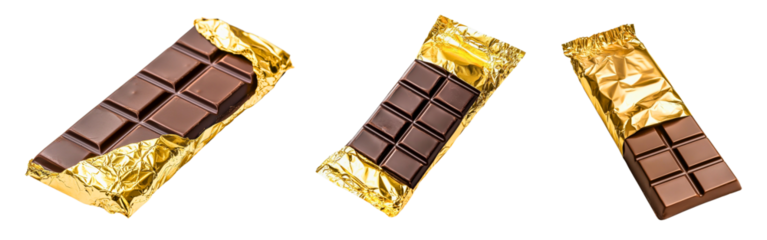 Set of luxury chocolate bars in gold foil with premium branding design isolated on a white or transparent background