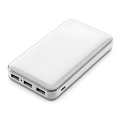 White portable power bank with silver trim and multiple ports device