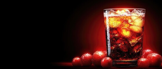 Bubbling cola with ice cubes, garnished with cherries on a red and black background