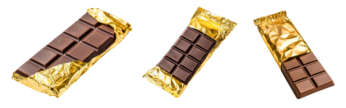 Set of luxury chocolate bars in gold foil with premium branding design isolated on a white or transparent background