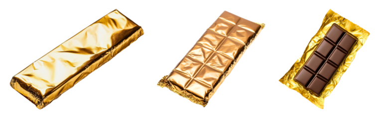 Set of premium chocolate bars wrapped in golden foil with refined branding isolated on a white or transparent background