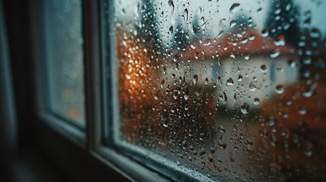 Closed glass window with rain trickling down, soft light casting shadows indoors, capturing themes of nostalgia, peaceful isolation, and poetic moments of quiet contemplation.