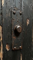 Fototapeta premium Close-up of old knob and plate on worn black wooden door with aged metallic accents