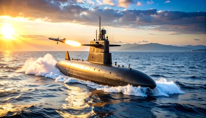 Submarine launching missile at sunset