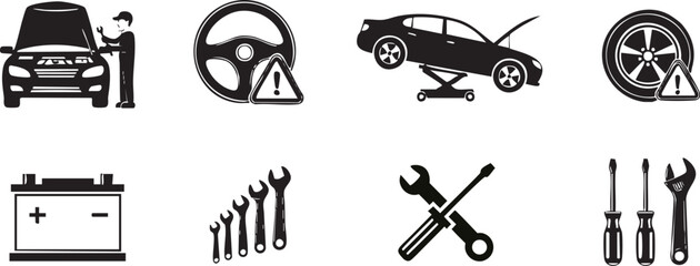 Collection of automotive service and repair icons featuring car maintenance tools and vehicle diagnostics for a garage or workshop