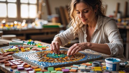 Fototapeta premium Female Mosaic Artist, hobby ffor adults, Focused female mosaic artist assembling colorful tiles in bright artisan workshop