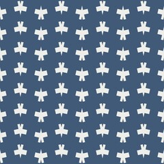 A repeating pattern of bird-like shapes covers a dark blue background, creating a uniform and symmetrical design. The white birds are evenly spaced, contributing to a modern and minimalist aesthetic.