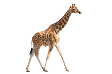 Majestic high‑resolution full‑body giraffe PNG cutout with natural spots and seamless transparent background ideal for wildlife branding, safari themed graphic design, educational posters