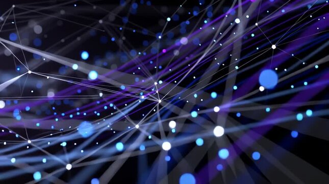 a cinematic visualization of a social media algorithm, abstract digital data streams, glowing particles flowing through neural network structures, metadata nodes and connection lines, deep blues and p