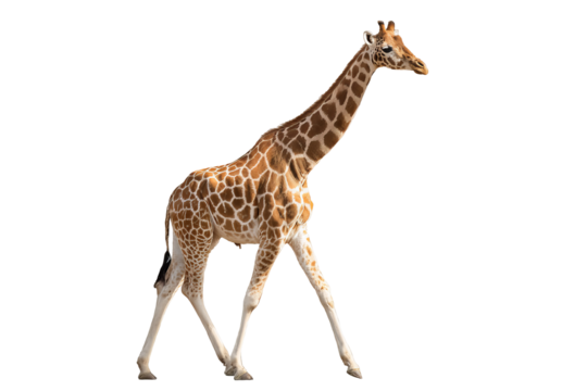 Majestic high‑resolution full‑body giraffe PNG cutout with natural spots and seamless transparent background ideal for wildlife branding, safari themed graphic design, educational posters