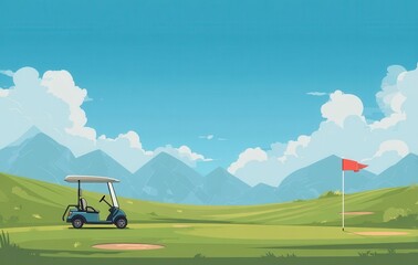 Pixel Art Golf Course Landscape Sunny Day with Golf Cart and Mountains