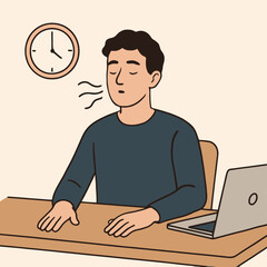 Flat illustration of man taking a mindful breathing break at desk during work to recharge and maintain efficiency