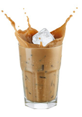Ice cube falling into coffee with milk forming splash isolated on white background