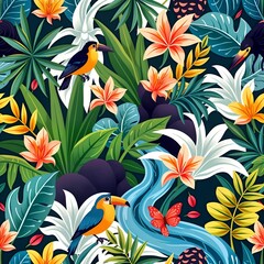 A seamless vector pattern depicting a vibrant array of exotic wildlife in their natural habitats. Include stylized elements like lush greenery, intricate feathers, and flowing rivers, all harmoniously