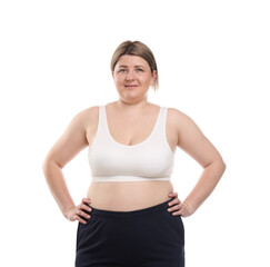 Weight loss. Plus size woman in underwear on white background