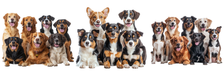 Set of different groups of dogs of different breeds sitting together isolated on transparent background PNG