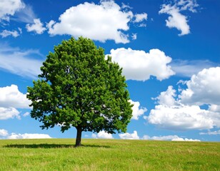 Lush green tree on a grassy hill under a vibrant blue sky