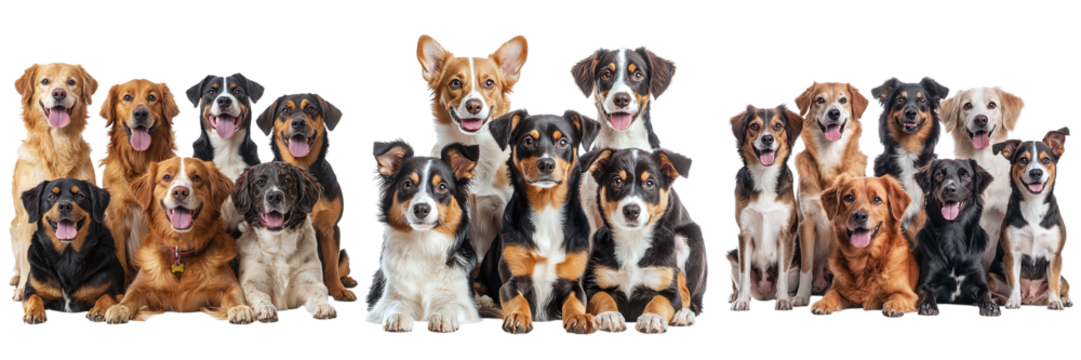 Set of different groups of dogs of different breeds sitting together isolated on transparent background PNG