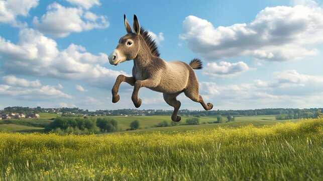 Brown donkey caught mid jump outdoors high resolution picture