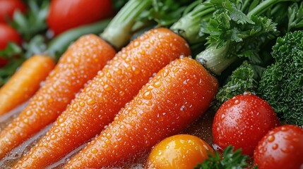 Fresh, wet carrots and cherry tomatoes