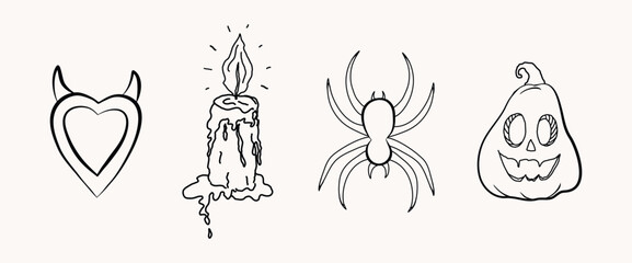 Whimsical hand drawn halloween set. Doodle sketch pumpkin, candle, spider, heart, magic spooky elements. line art cartoon icon, fun symbols for decoration, posters, horror party. Isolated vector illu 