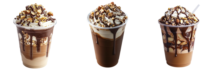 Set of delicious coffee with cream and peanuts isolated on transparent background PNG