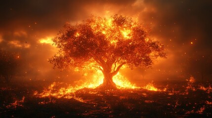 Obraz premium A Lone Tree Engulfed in Flames, A Powerful Symbol of Resilience and Renewal