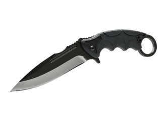 Black tactical combat knife with finger ring isolated on transparent background
