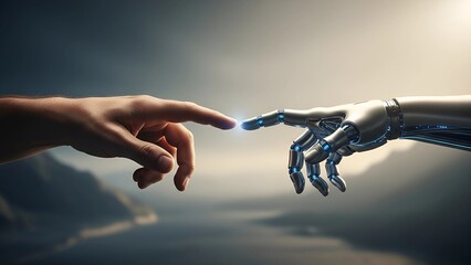 A symbolic image of a human hand reaching out to touch a robotic hand, representing collaboration, connection, and the integration of humanity with advanced technology.