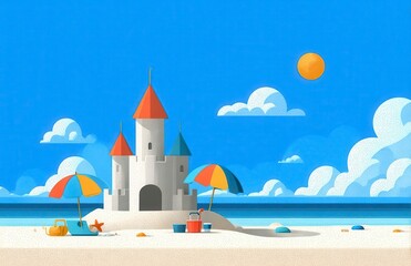 Naklejka premium Pixel Art Sandcastle Beach Scene Summer Day Illustration
