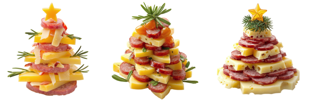 Set of cheese and sausage slices in the shape of a Christmas tree isolated on transparent background PNG