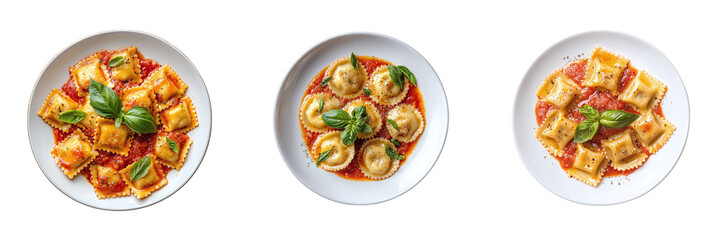 Set of restaurant ravioli with sauce in a plate isolated on transparent background PNG