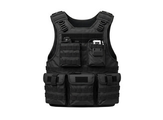 Black tactical vest with multiple pockets isolated on transparent background