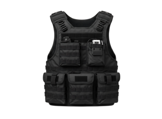 Black tactical vest with multiple pockets isolated on transparent background