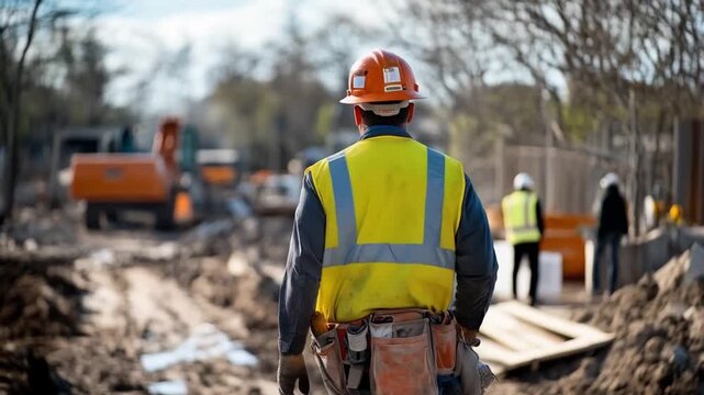 Construction Workers in Safety Gear at Active Muddy Worksite Scene