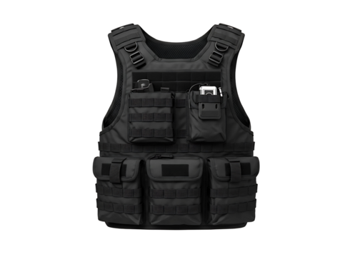 Black tactical vest with multiple pockets isolated on transparent background