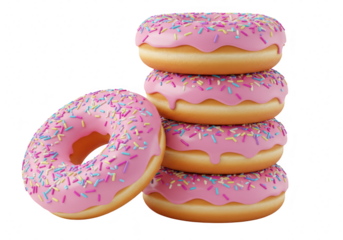 A stack of delicious donuts with pink icing and colorful sprinkles, isolated on a transparent background