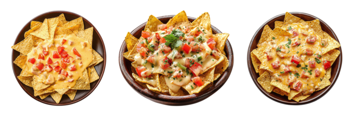 Set of tortilla chips with cheese sauce in a plate isolated on transparent background PNG