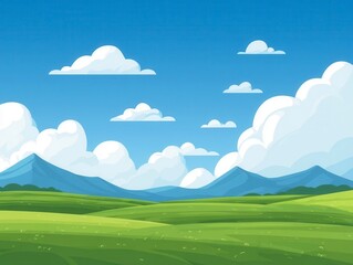 Fototapeta premium Pixel Art Sunny Landscape Green Fields and Blue Mountains Under a Bright Sky