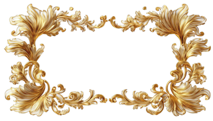Ornate gold rectangular frame with elaborate, swirling, leaf-like details on a black background, ideal for adding a touch of elegance
