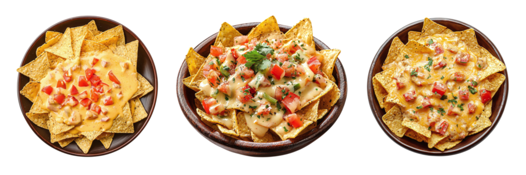 Set of tortilla chips with cheese sauce in a plate isolated on transparent background PNG