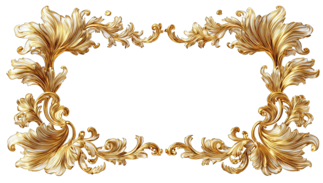 Ornate gold rectangular frame with elaborate, swirling, leaf-like details on a black background, ideal for adding a touch of elegance - Powered by Adobe