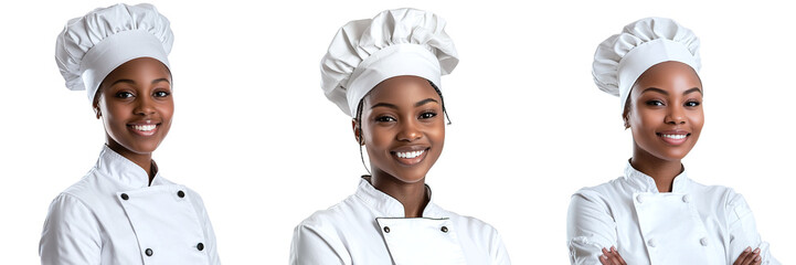 Set of young African American female chefs in a tunic and cap isolated on transparent background PNG