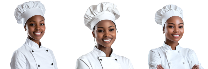 Set of young African American female chefs in a tunic and cap isolated on transparent background PNG