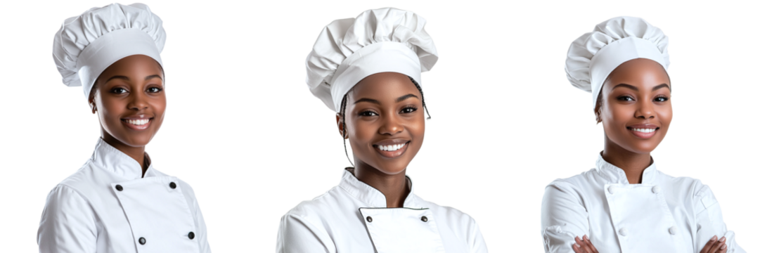 Set of young African American female chefs in a tunic and cap isolated on transparent background PNG
